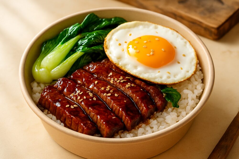 Beef Teriyaki Bowl — teriyaki beef over garlic rice with bok choy & fried egg