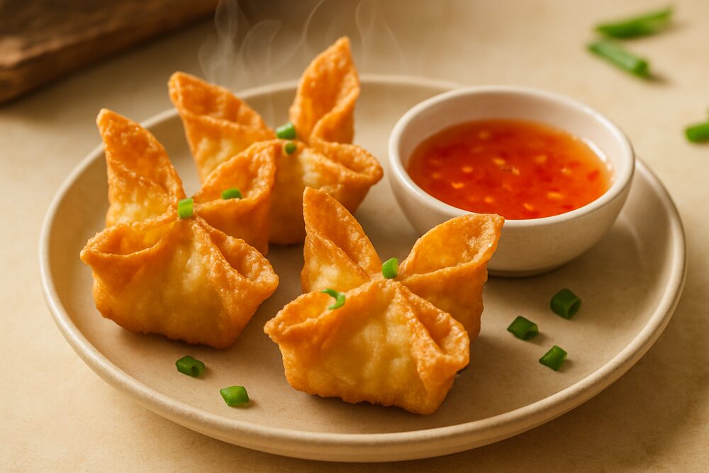 Cream Cheese Wontons — golden crispy parcels with sweet chili dip